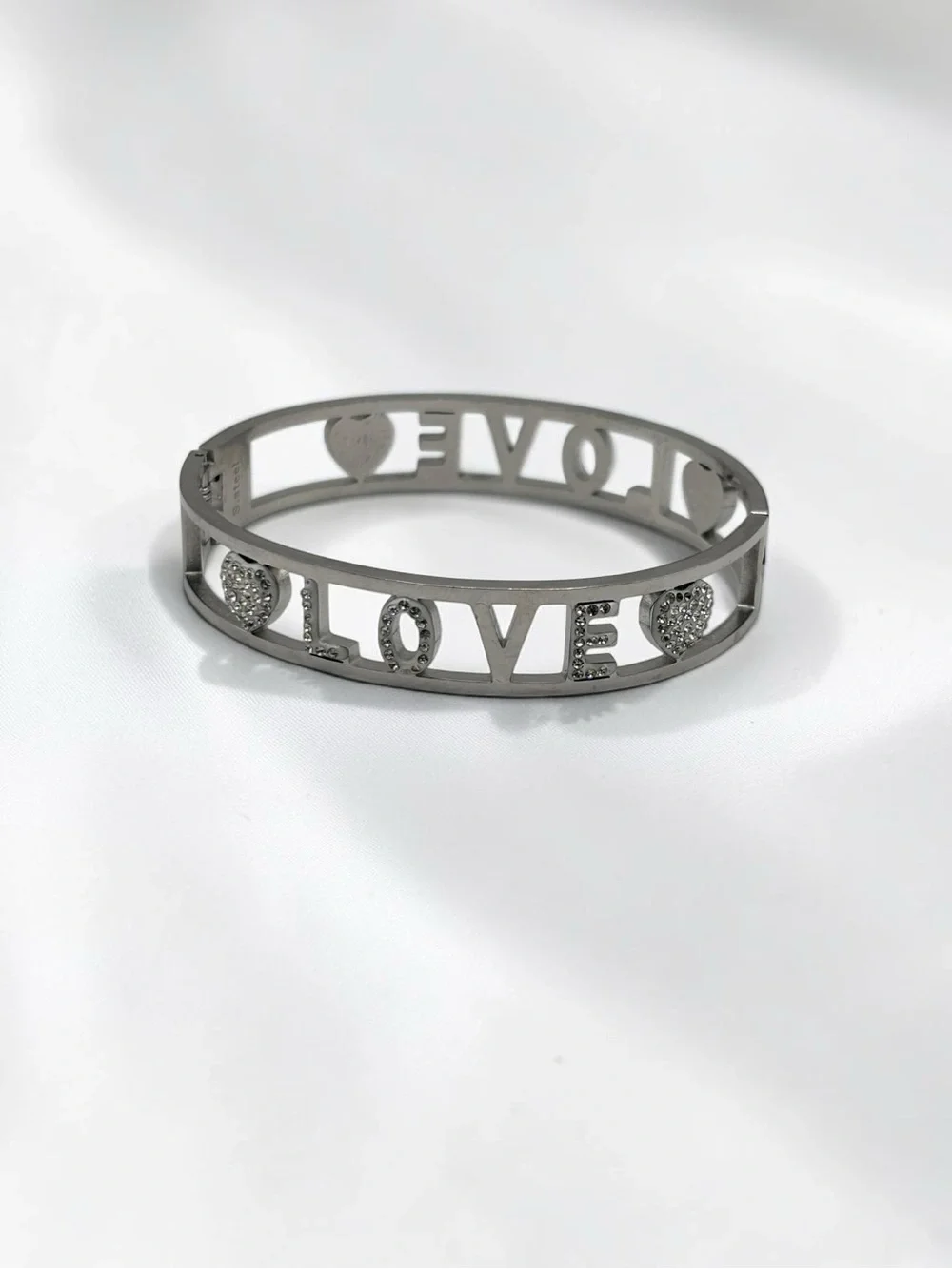 Silver & Crystal Rhinestone LOVE Heart Hinged Cuff Bracelet